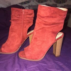 Burnt orange open toed booties